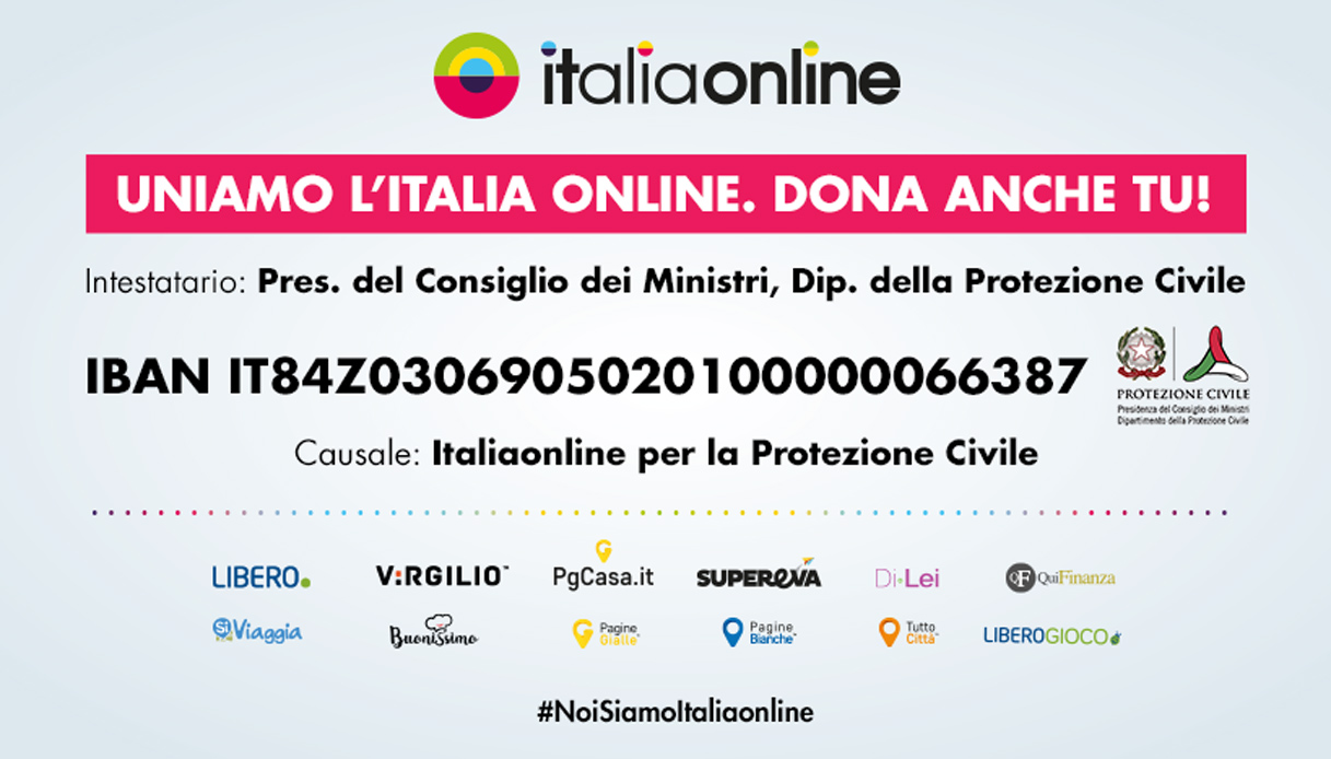 Modulo di Italiaonline con Iban per donare fondi alla Protezione Civile