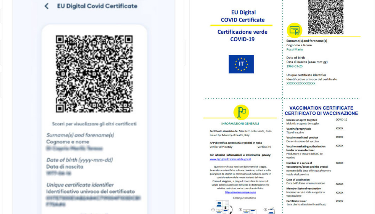 Esempio di versione digitale ed esempio di versione stampabile di Green Pass Europeo
