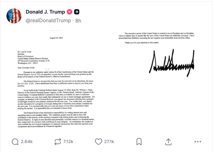 Trump, la lettera di licenziamento di Lisa Cook