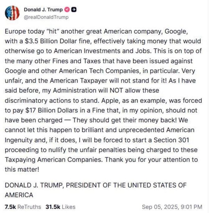 Trump sulla multa inflitta a Google