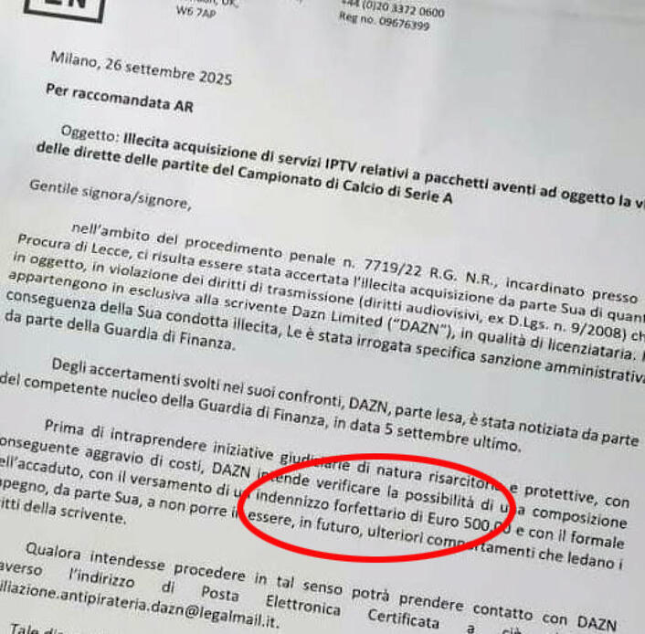 Lettera di Dazn agli utenti del pezzotto