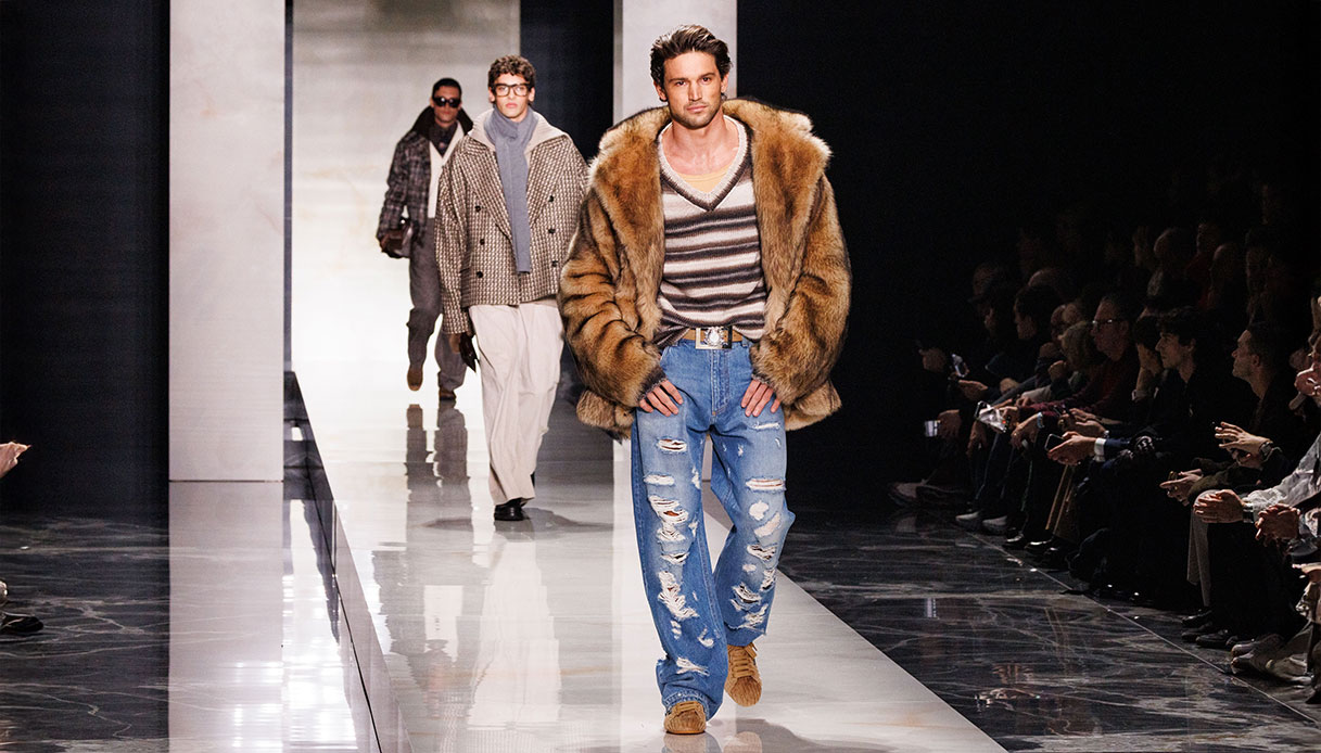 Modello in passerella alla sfilata Dolce & Gabbana Uomo Autunno Inverno 2026 al Metropol.