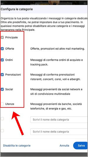 Configurazione categorie Libero Mail