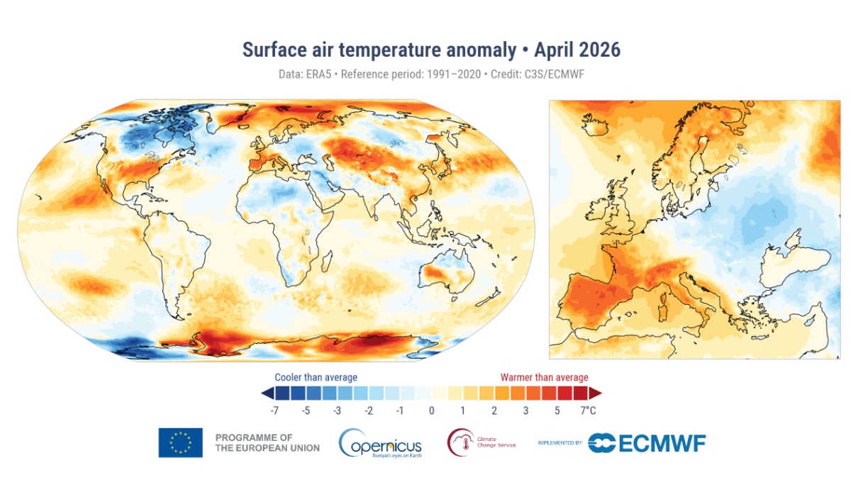 La variazione di temperatura di aprile 2026 rispetto al periodo 1991-2020