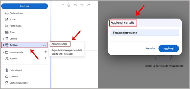 Sezione archivio Libero Mail e creazione nuova cartella
