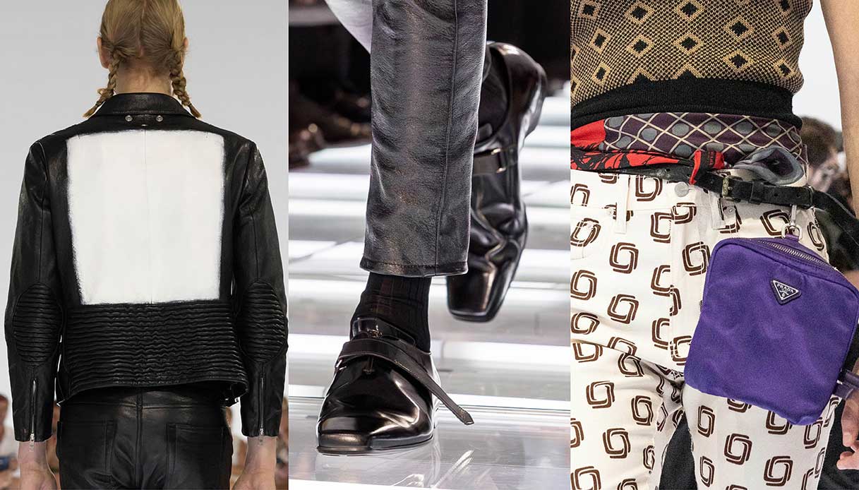 Trittico di dettagli dalla sfilata Prada Uomo SS27: retro di giacca in pelle con pannello in pelo, scarpe con fibbia squadrata, pantalone stampato con borsa a tracolla viola