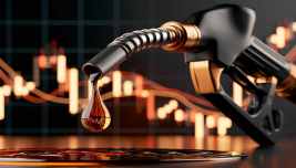 Goccia di petrolio da una pistola di carburante con grafico finanziario sullo sfondo