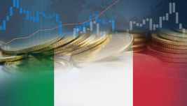 Monete e grafico finanziario sovrapposti ai colori della bandiera italiana