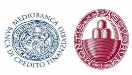 Loghi di Mediobanca e Monte dei Paschi di Siena affiancati, simbolo risultati semestrali