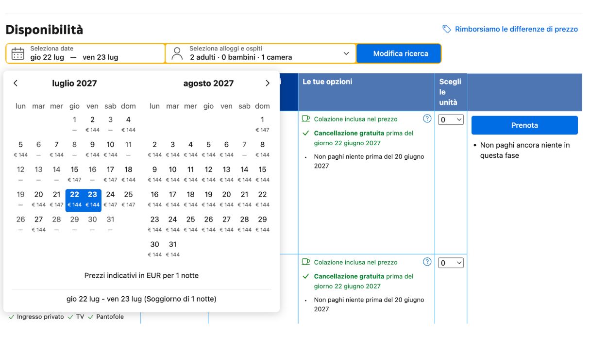 Date hotel più economici bloccate un anno prima dei concerti. In foto: simulazione di soggiorno su Booking.com