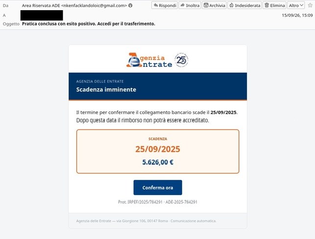 Falsa mail Agenzia delle Entrate, un esempio