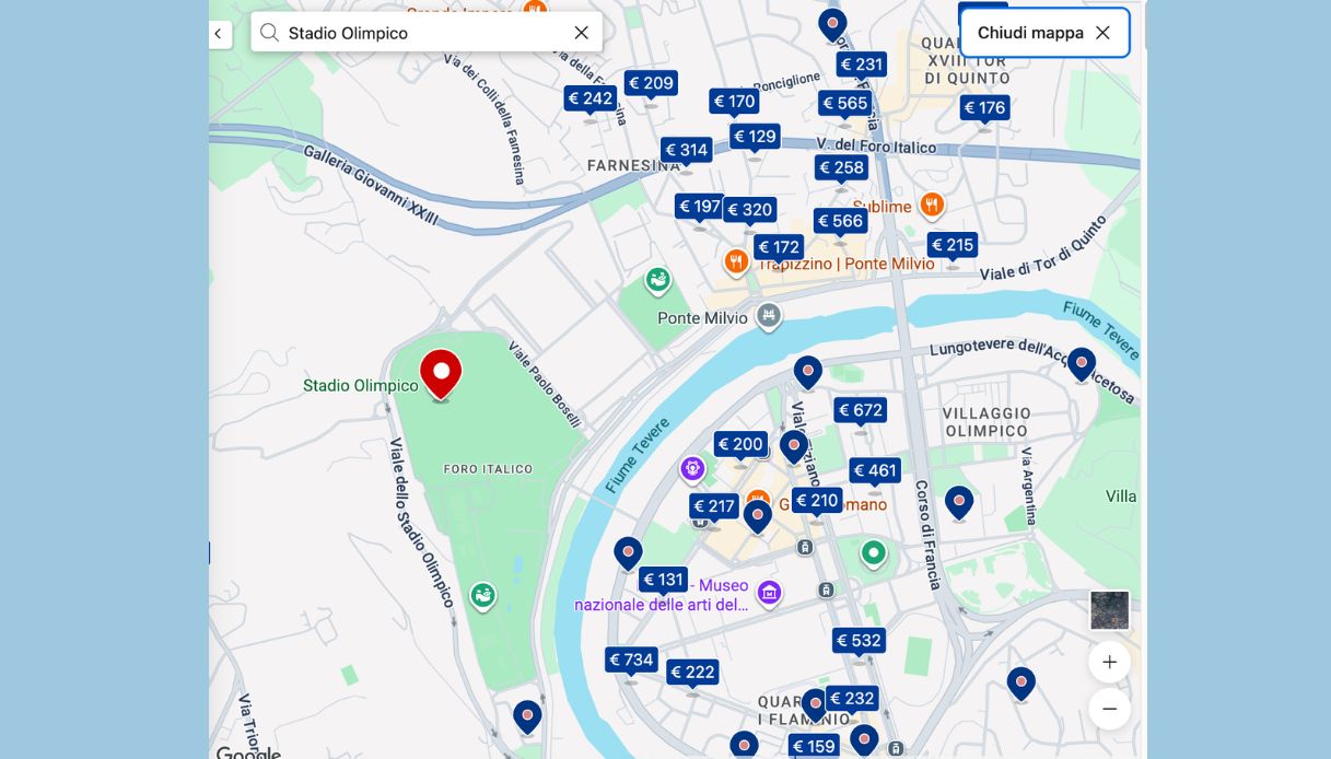 Andamento prezzi hotel vicino allo Stadio Olimpico in data 22 luglio 2027. In foto: mappa disponibilità al 15 settembre 2026