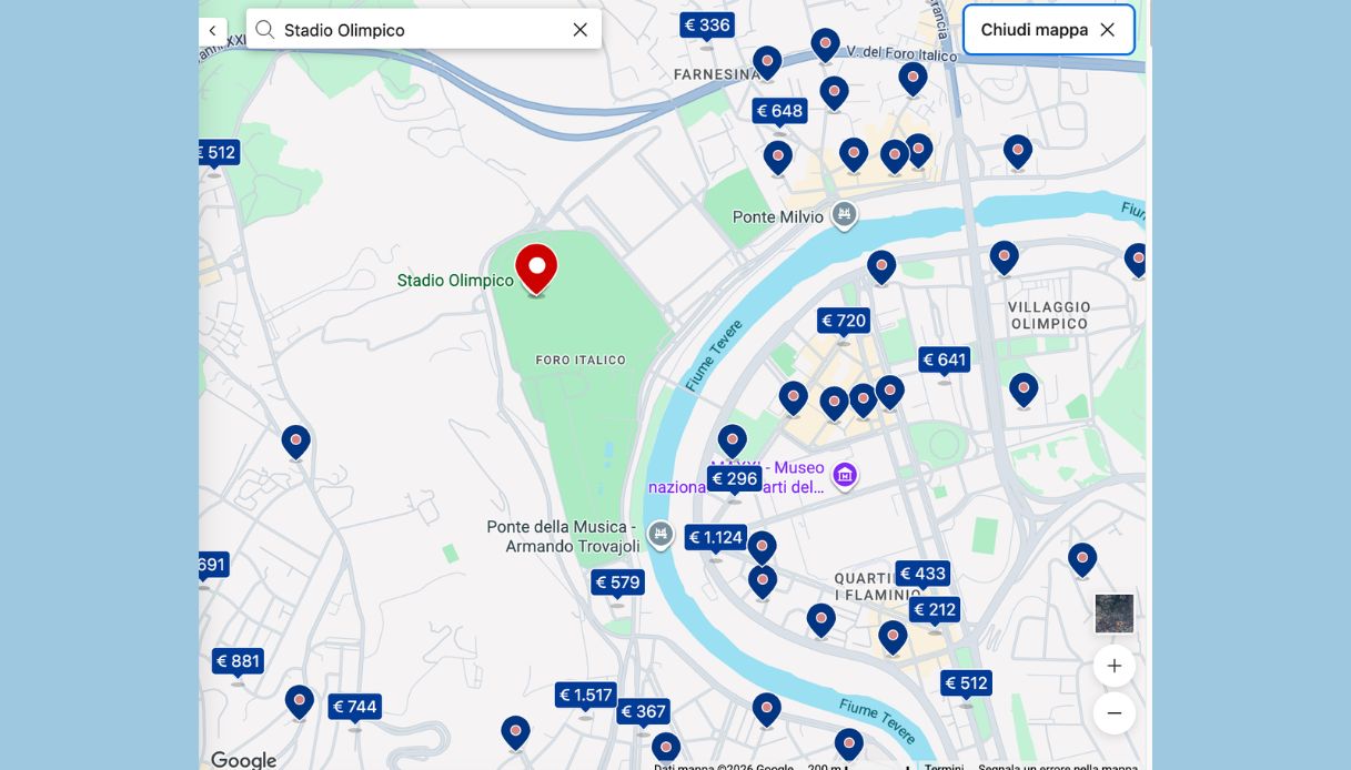 Andamento prezzi hotel vicino allo Stadio Olimpico in data 22 luglio 2027. In foto: mappa disponibilità al 15 settembre 2026