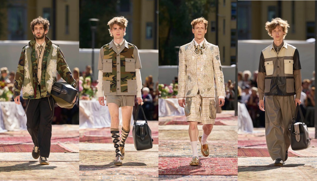 Collage di quattro uscite in passerella affiancate: giacca camouflage con inserti in pizzo, gilet camouflage con shorts, completo chiaro ricamato con bermuda e camicia-giacca in pelle bicolore