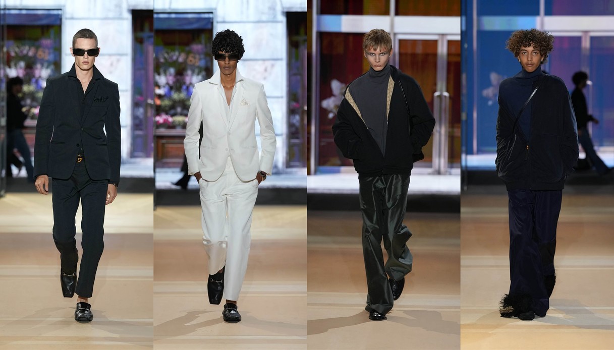 Collage di quattro uscite in passerella: completo scuro con mocassini, completo bianco, bomber oversize con pantaloni in raso e giacca imbottita blu con tracolla