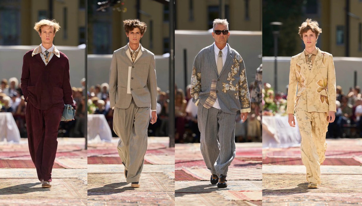 Collage di quattro uscite in passerella affiancate: completo in velluto bordeaux, completo grigio con plissettatura, giacca in lino grigio con ricami floreali e toppa a quadri, completo nei toni del miele con grandi fiori ricamati