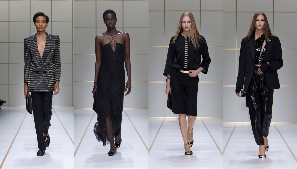 Collage di quattro uscite in nero: giacca a righe laminate, abito lungo drappeggiato, completo con cintura dorata e giacca su pantaloni lucidi con top a paillettes