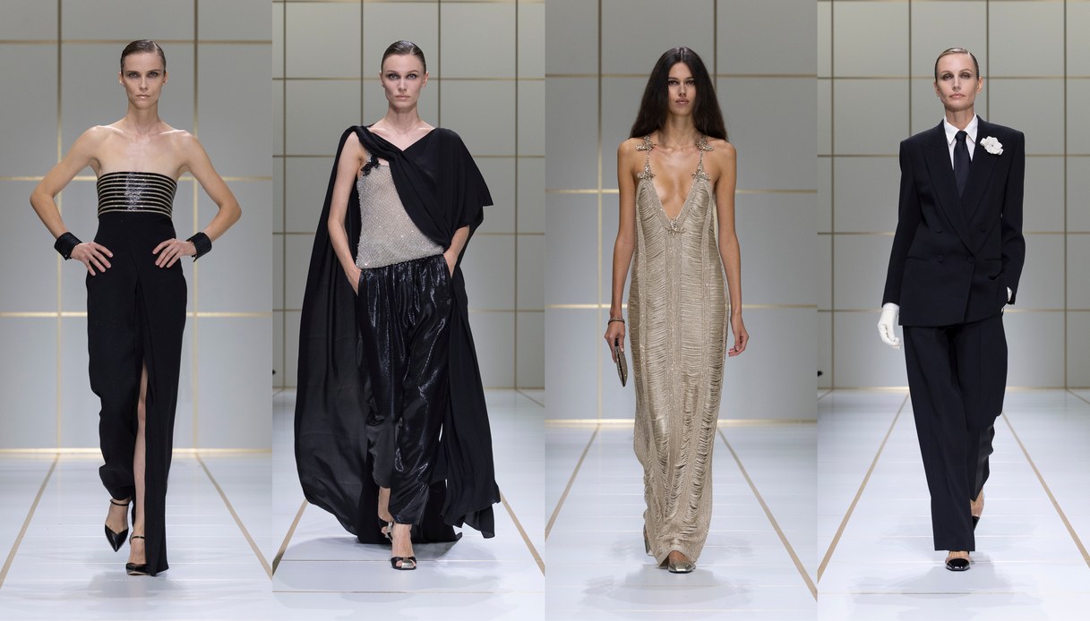 Collage di quattro uscite da sera: abito nero con bustier ricamato, completo con drappeggio e top a rete di cristalli, abito lungo dorato e smoking nero con camicia e cravatta