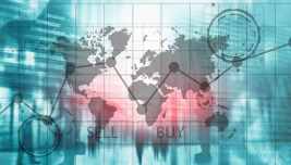Mappa dei mercati globali con grafici di acquisto e vendita degli investimenti